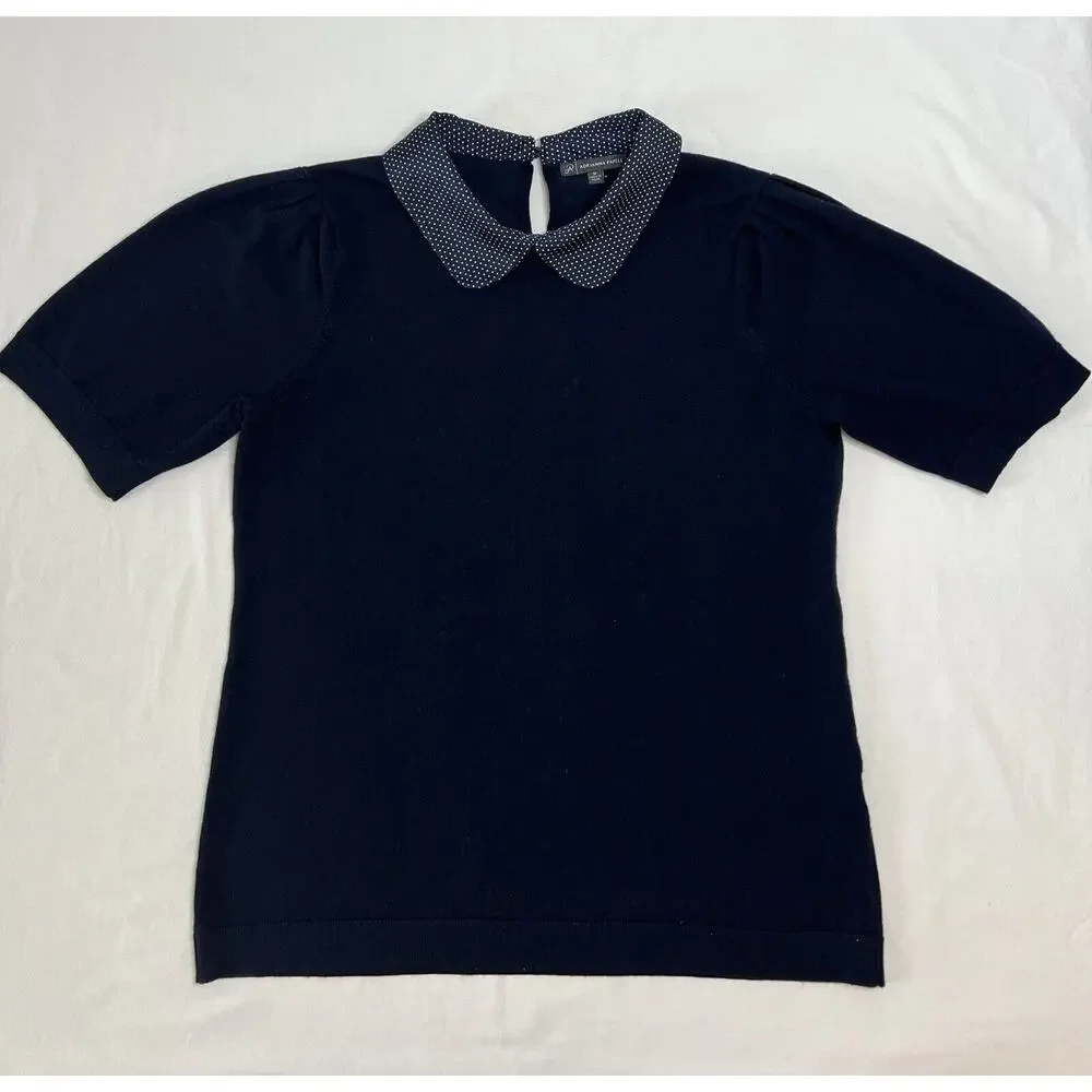 Adrianna Papell‎ Women Sweater Top Med Short Sleeve Dot Collar Coquette Academia